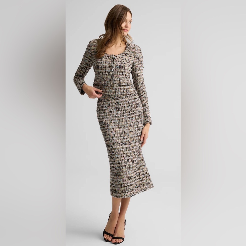 St. John Skirt 10 Metallic Tweed Caramel Tan Gold Black Wool Lined Long NWT $795